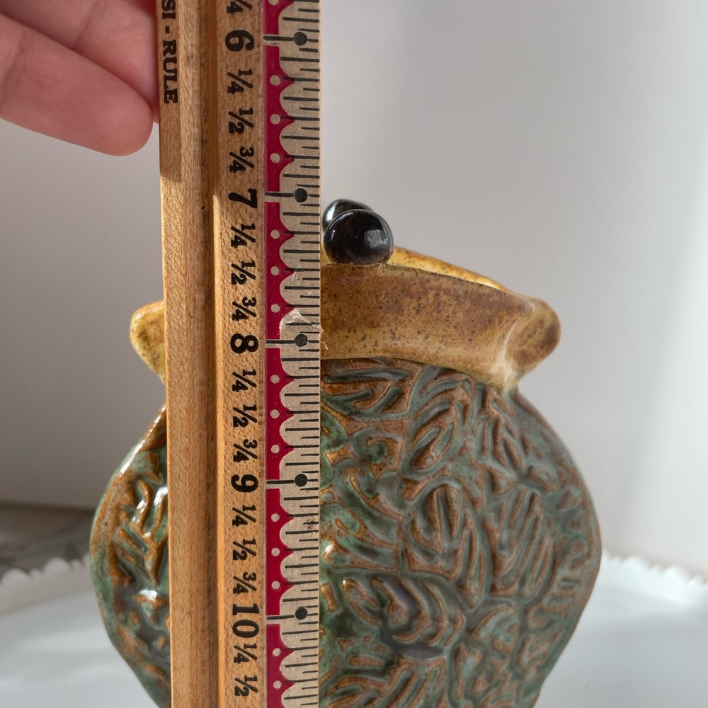 Handcrafted Stoneware Purse Vase with Green and Brown Glaze Signed by Artist - Picture 15 of 17